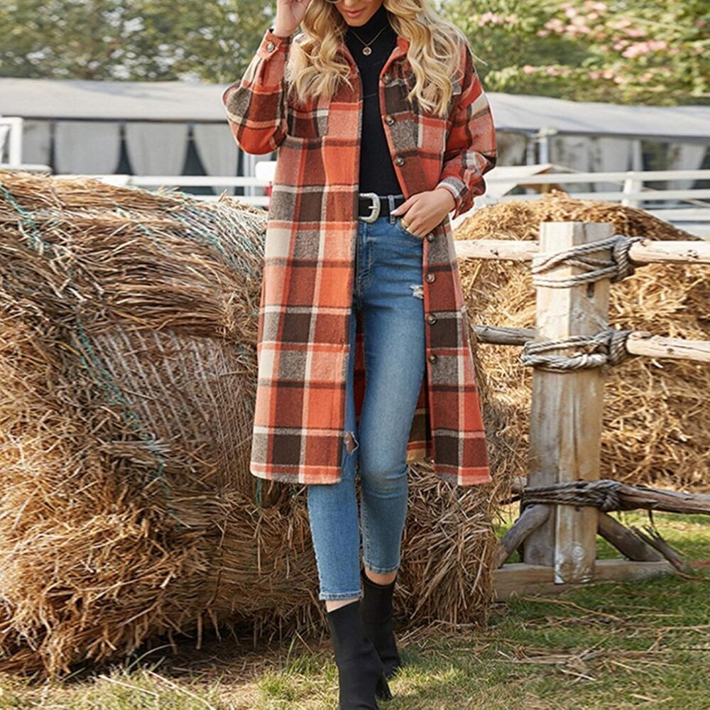 Women's Wool Blend Plaid Shirt Jacket Long Sleeve Casual Buttons Pockets - Picture 3 of 5